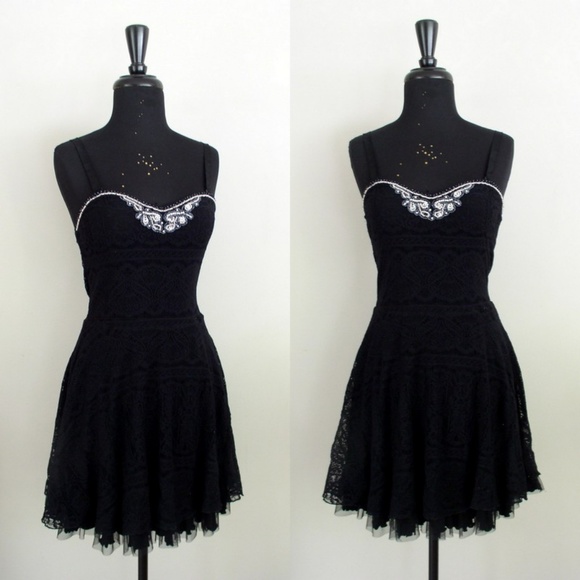 Free People Black Lace Beaded Fit & Flare Dress M - Picture 3 of 8